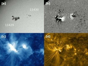 Active regions AR11429 and AR11430 as observed by SDO imagers around the March 7th event: (a) SDO/HMI Continuum; (b) SDO/HMI Magnetogram; (c) SDO/AIA 335 Å; [d] SDO/AIA 171 Å.